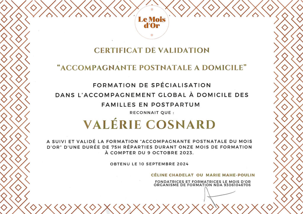 Attestation d'accompagnement postnatal Le Mois d'Or de Valérie Cosnard