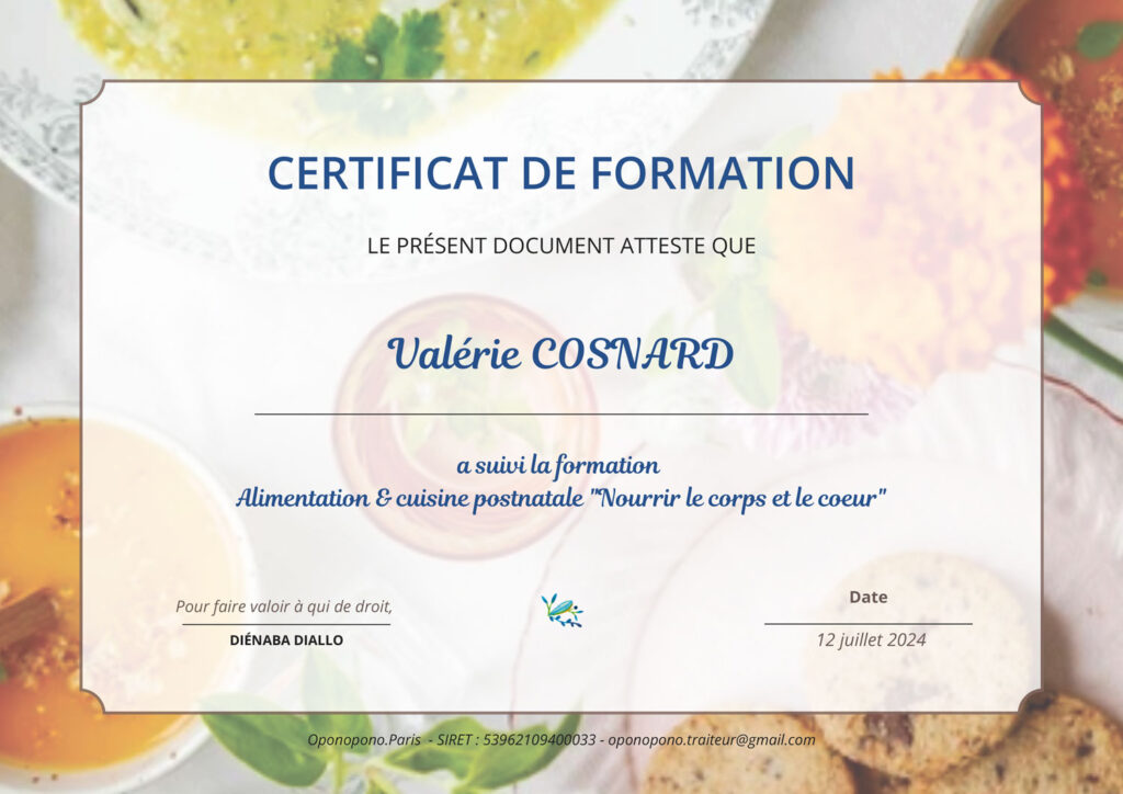 Attestation de cuisine postpartum de Valérie Cosnard